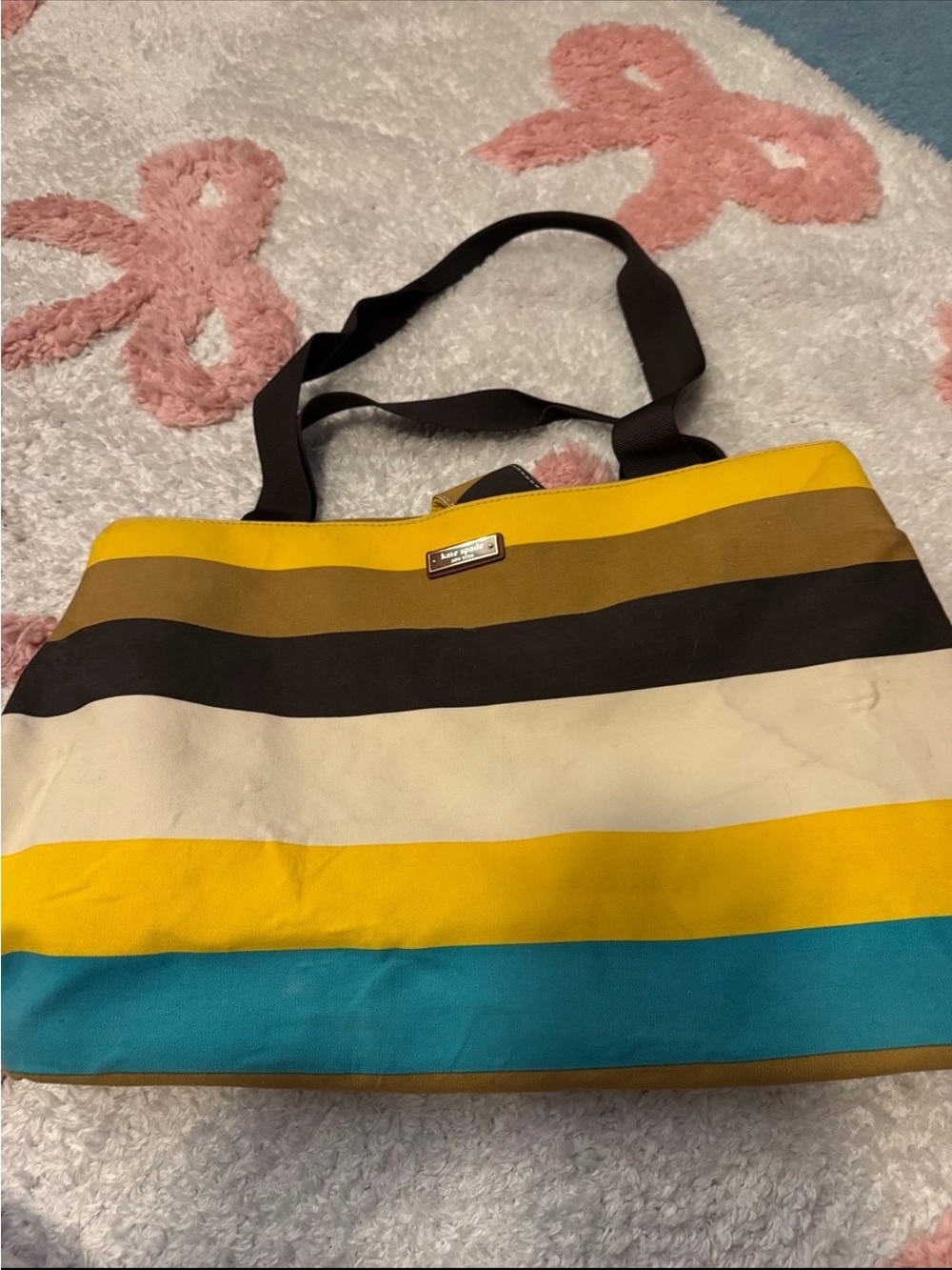 kate spade Striped Tote in Yellow, Teal, Brown and Cream